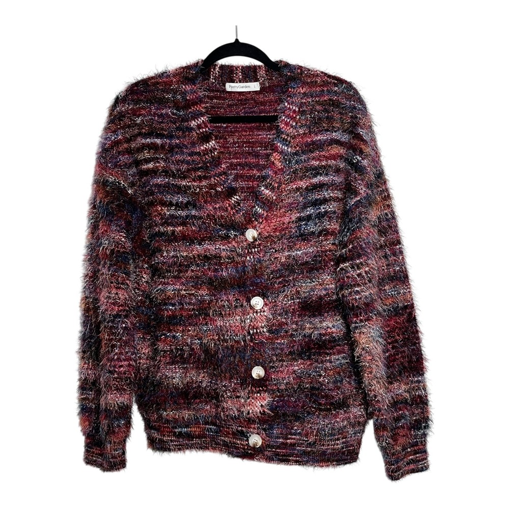 PrettyGarden Women Eyelash Knit Cardigan Sweater MultiColor Fuzzy Button Front L